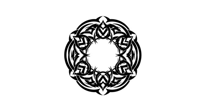 Intricate circular graphic motif design with repeated geometric figures and bold expressive strokes