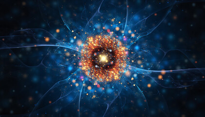 Abstract cosmic energy burst with glowing particles and blue tendrils