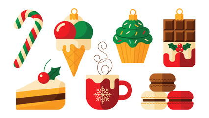 Sweet Delights Illustration: A delightful collection of festive desserts, including candy cane, ice cream, cupcake, and cake, arranged to capture the warmth and sweetness of the season. 