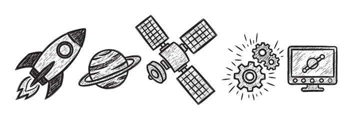 Hand-drawn sketch style icons featuring a rocket, planet, satellite, and computer with gears, symbolizing space exploration and technology.