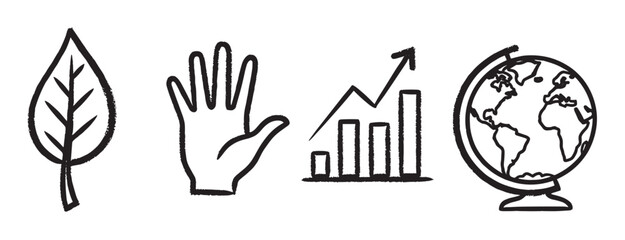 Fototapeta premium Simple black outline icons of a leaf, an open hand, a rising bar chart with an arrow, and a globe depicting continents.