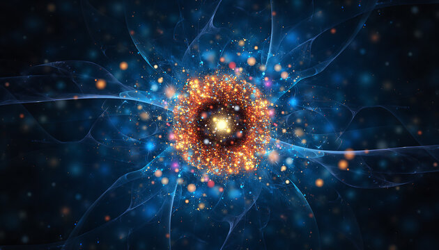 Abstract cosmic energy burst with glowing particles and blue tendrils - Powered by Adobe