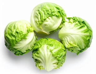 Top view of iceberg lettuces placed close together on a clean white background, showing fresh texture and crisp green color without shadows.
