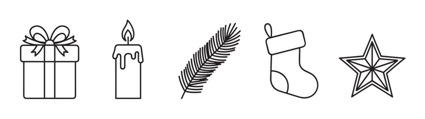 Obraz premium Black outline icons of a gift box, candle, pine branch, stocking, and star, representing holiday decorations and festive elements.