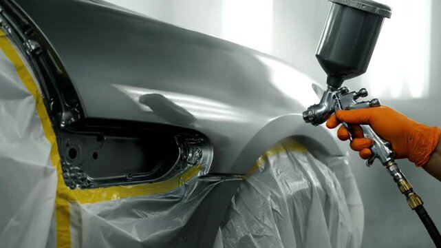 A person using a paint sprayer on a silver car body panel in an auto body repair shop booth area