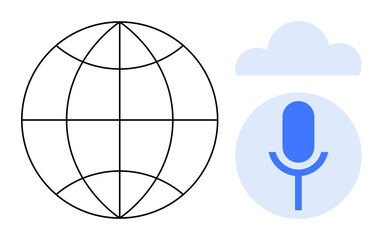 Globe outline, microphone icon in a cloud circle representing global communication, cloud computing, and digital voice technology. Ideal for networking, AI, data sharing, media, podcasting remote