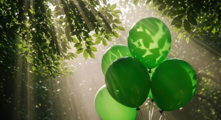 Green balloons in sunlit forest