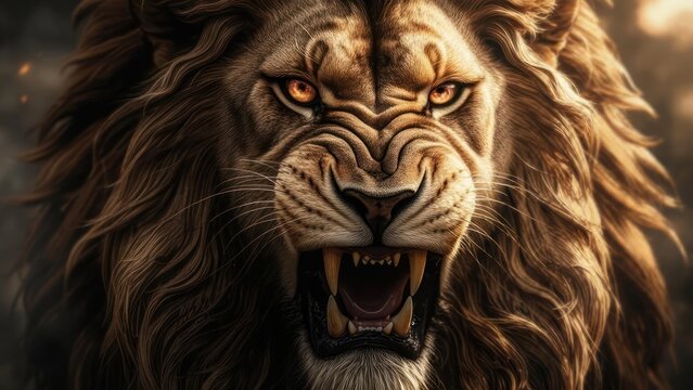 Ferocious Lion Portrait - Intense Gaze and Powerful Roar.