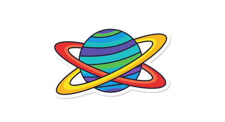 Vibrant cartoon planet with colorful rings orbiting on a clean white background