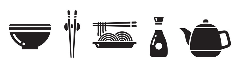 Obraz premium Black outline vector icon set depicting a bowl, chopsticks, noodles, a soy sauce bottle, and a teapot, representing asian cuisine essentials.