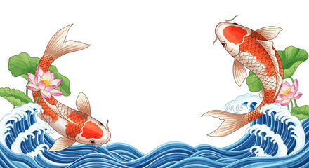 Watercolor illustration of koi fish swimming gracefully amid lotus flowers and undulating waves