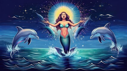 Enchanting Mermaid's Song: Dolphins, Stars, and Celestial Radiance.