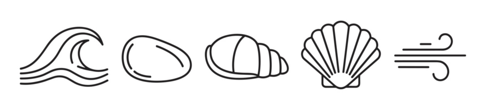 Simple black outline vector icons of a wave, pebble, spiral shell, scallop shell, and stylized wind representing sea and coastal elements.