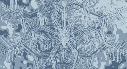 Detailed ice crystal structure with intricate hexagonal symmetry and fractal patterns viewed closeup