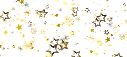 Festive abstract background with gold stars and snowflakes on white. Perfect for holiday season or special events. Beautiful, elegant design wit