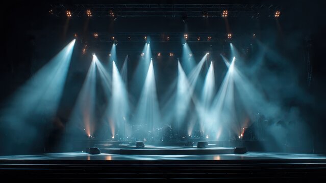 Concert stage with dramatic lighting and empty stage, live music performance background with professional stage design and atmospheric lighting