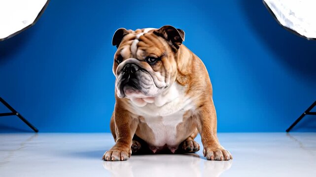 A bulldog in studio setting with bright blue backdrop, attentively sitting in front of camera lens, conveying professionalism and focus, perfect for projects requiring lighthearted. - Powered by Adobe