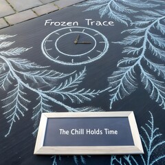 Chalk Art Drawing of Clock and Frost Pattern on Slate
