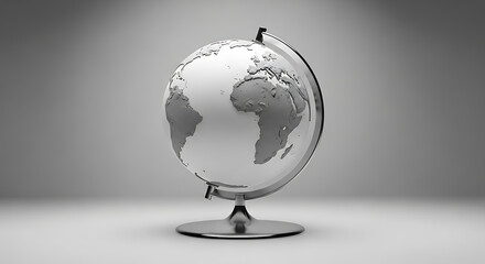 A grayscale image of a globe with continents visible on a gray background in a studio setting
