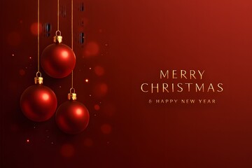 Elegant red christmas ornaments with merry christmas text on dark red background
