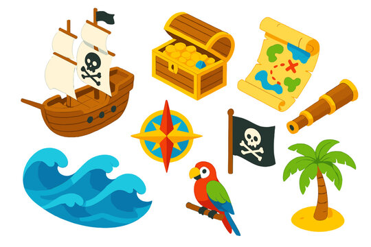 Pirate Adventure Icons. Isometric vector illustration set Storytelling icons – pirate ship, treasure chest, treasure map; compass