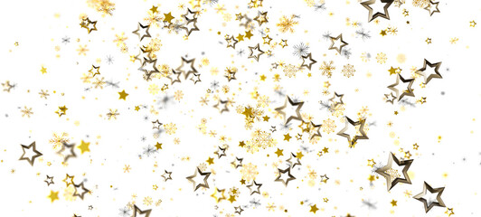 Elegant background with golden stars and snowflakes floating on a white backdrop. Perfect for Christmas, New Year, or any festive event. Adds a