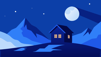 Fototapeta premium Cozy winter night landscape with a snow-covered cottage on a hill, perfect for a Christmas or holiday greeting card
