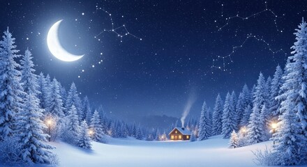 Naklejka premium A crescent moon shines over a snowy cabin in a winter forest under a star-filled sky. Constellations visible