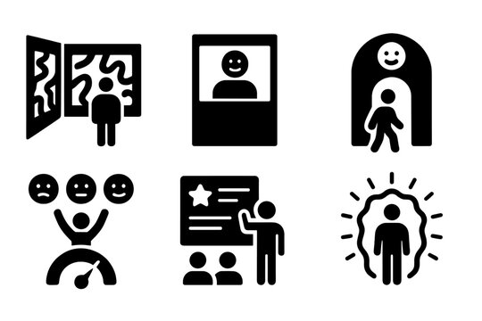 Interactive Art Spaces. Solid style icons of gallery interaction spaces: room with reactive art walls, viewer expression booth,