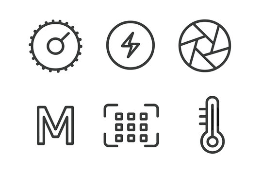 Camera Settings Icons. Line style icons of camera settings: ISO dial, shutter speed icon, aperture f-stop ring, manual mode symbol