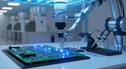 Robotic arm precisely soldering components onto a circuit board in a clean manufacturing environment