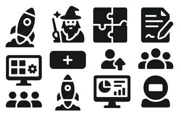 DAO Creation Icons. Solid style icons of DAO creation platforms: launch DAO rocket, modular setup wizard, deploy contract icon.