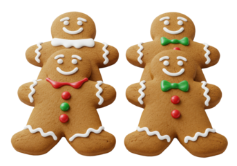 Four golden gingerbread women cookies, decorated with white/red icing, candy buttons, one with green bow tie, on white background, copy space. Festive holiday treats concept