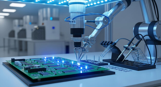 Robotic arm precisely soldering components onto a circuit board in a clean manufacturing environment
