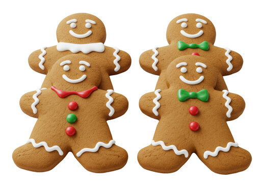 Four golden gingerbread women cookies, decorated with white/red icing, candy buttons, one with green bow tie, on white background, copy space. Festive holiday treats concept