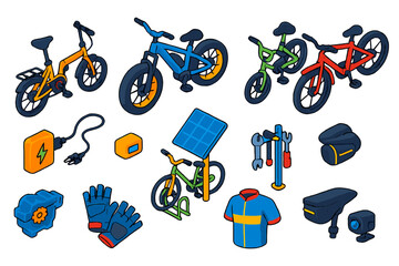 Fototapeta premium Isometric E-Bike Icons. Isometric vector illustration set electric bicycle: city folding e-bike, mountain fat tire e-bike,
