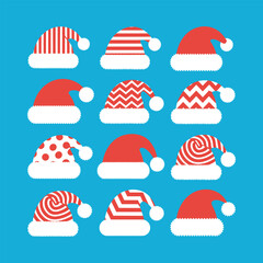 Collection of twelve festive santa claus hats with various red and white patterns on a bright blue background