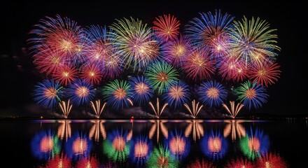 Fototapeta premium Colorful fireworks explode over water, reflecting in the glassy surface under a dark sky, creating a vibrant, symmetrical display