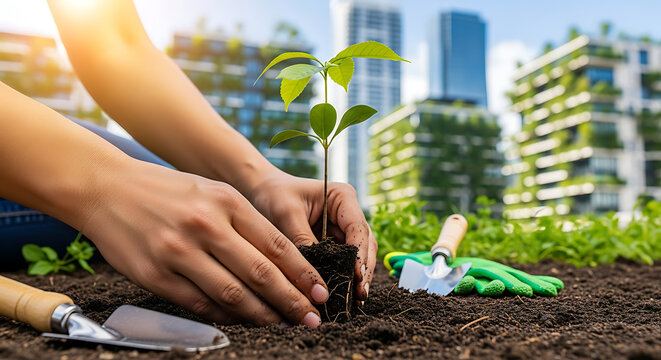 Person planting a seedling in soil with gardening tools and buildings in the background on a sunny day