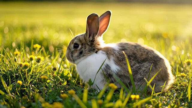 A cute little bunny sits comfortably in lush green grass, perfectly capturing the concept of innocence and playfulness, evoking feelings of joy, curiosity, and simplicity, ideal for use as a.