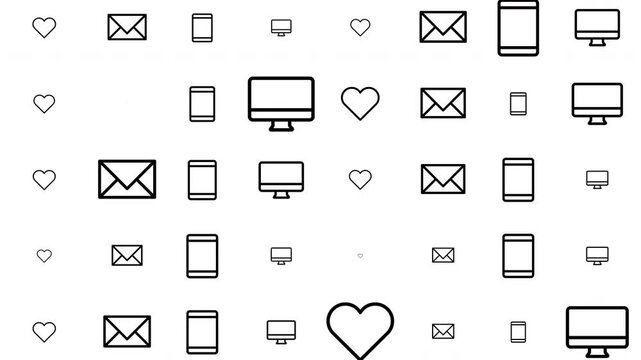 Email and Device Technology Icons Set, Digital Communication Symbols, Graphic Illustration with Computer, Smartphone, Tablet and Heart Icons
