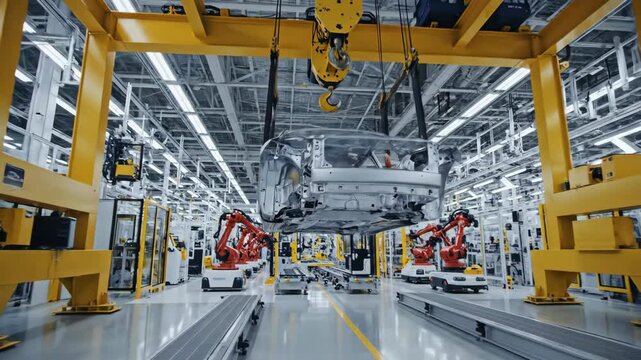 Automobile body shell suspended by overhead crane during assembly process
