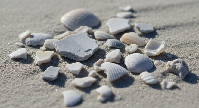 Close-up of white and broken seashells scattered on fine sand.
A sharp macro photograph capturing a small, scattered pile of mostly white and off-white seashell fragments and small shells resting 