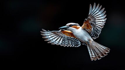 Obraz premium A bird in full flight, showcasing vibrant plumage and wings spread wide against a dark, blurred background