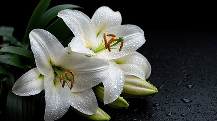 Fototapeta premium Close-up of two large white flowers with water droplets, resting on a wet black surface with leaves