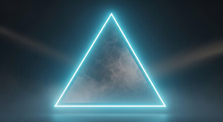 A luminous blue triangle with smoke inside against a dark background and reflective floor
