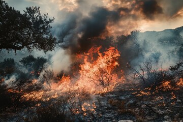 Fototapeta premium Dramatic wildfire engulfing vegetation at sunset.
