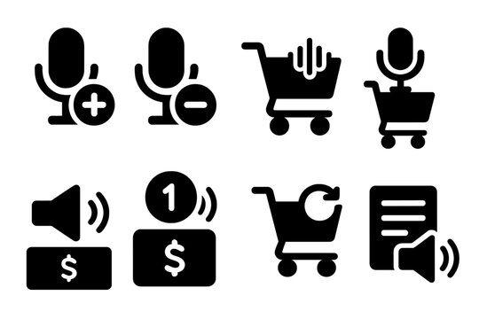 Voice Cart Icons. Solid style icons of voice cart management: item add by voice, remove item mic icon, cart adjust waveform. Voice
