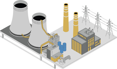 Isometric power plant industrial illustration with cooling towers, electrical transformers, energy facility and high voltage transmission pylons, factory concept, technology