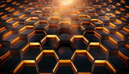 abstract 3d honeycomb of black hexagonal tiles with warm golden light between cells modern tech background ideal for wallpapers and branding